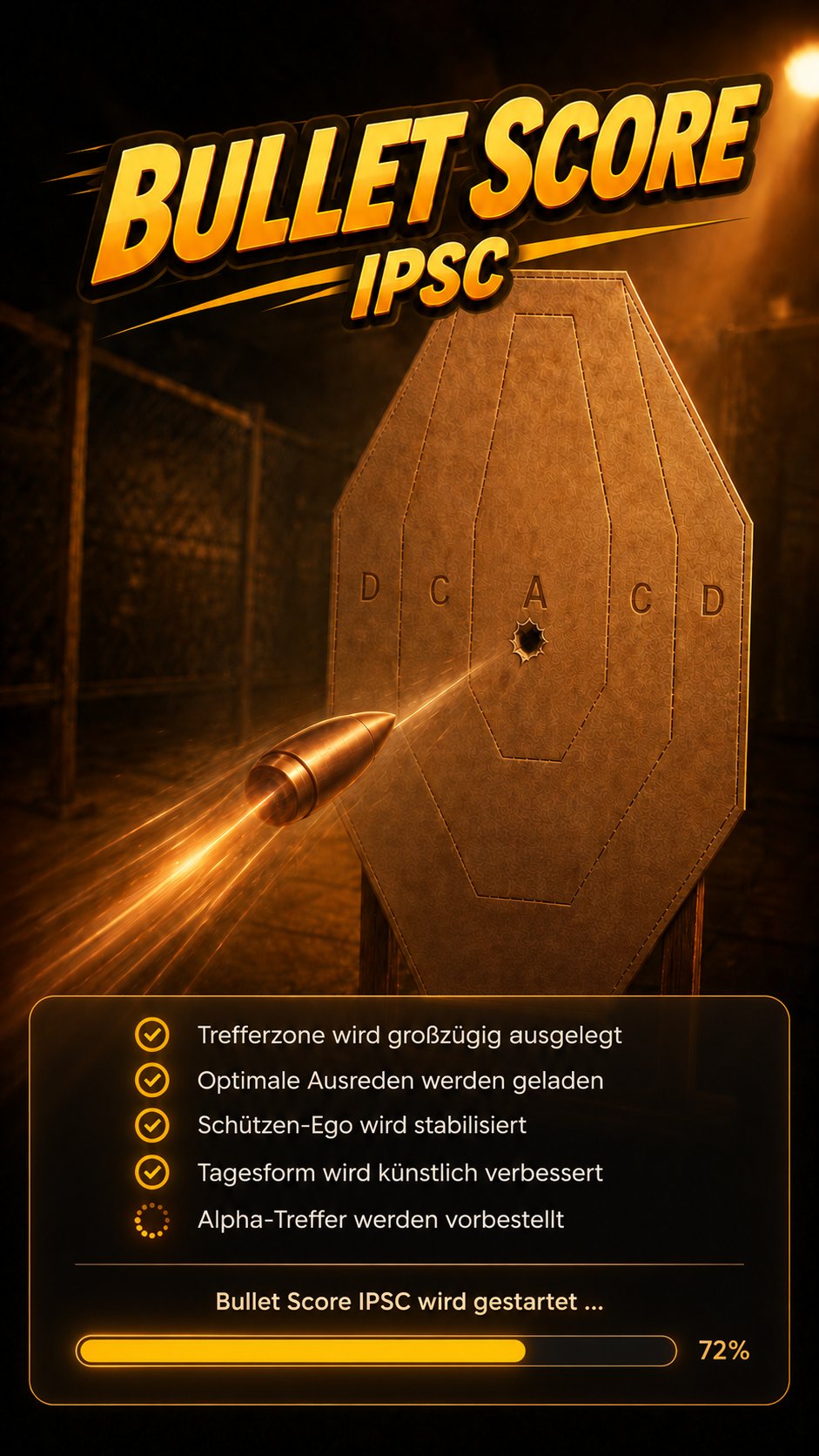 Bullet Score IPSC startet: fünf humorvolle Ladehinweise und Fortschrittsanzeige vor einer IPSC-Scheibe